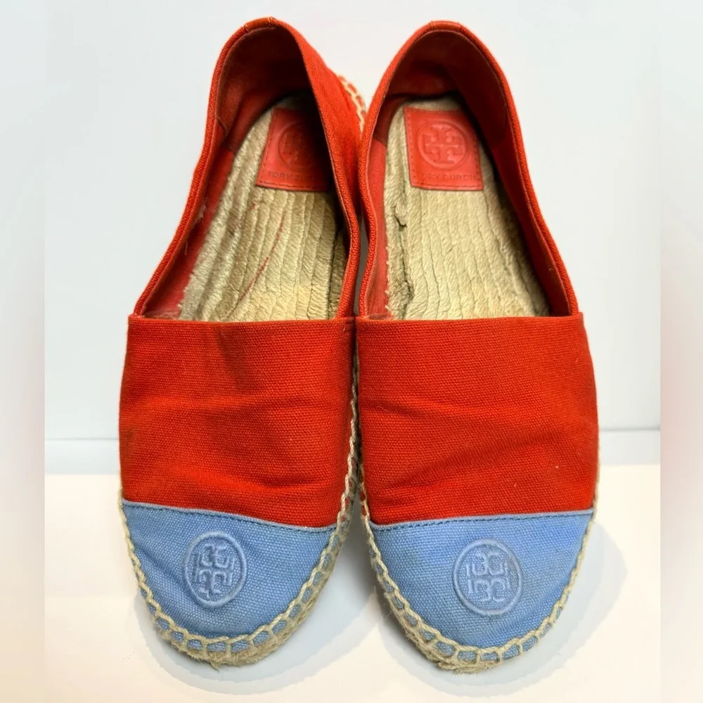 Tory Burch Colorblock Canvas Espadrilles Red Blue Flats Size 9 Logo Cap‎ Toe